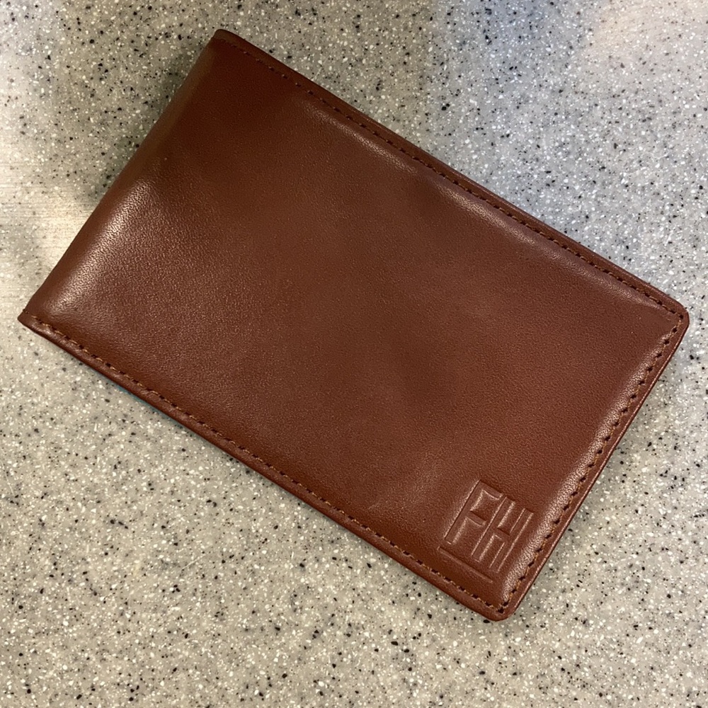FORREST & HAROLD folding card holder leather wallet in brown/aqua No money clip